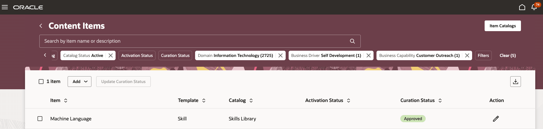 Example for content items filtered based on domain Information Technology, business driver Self Development, and business capability Customer Outreach