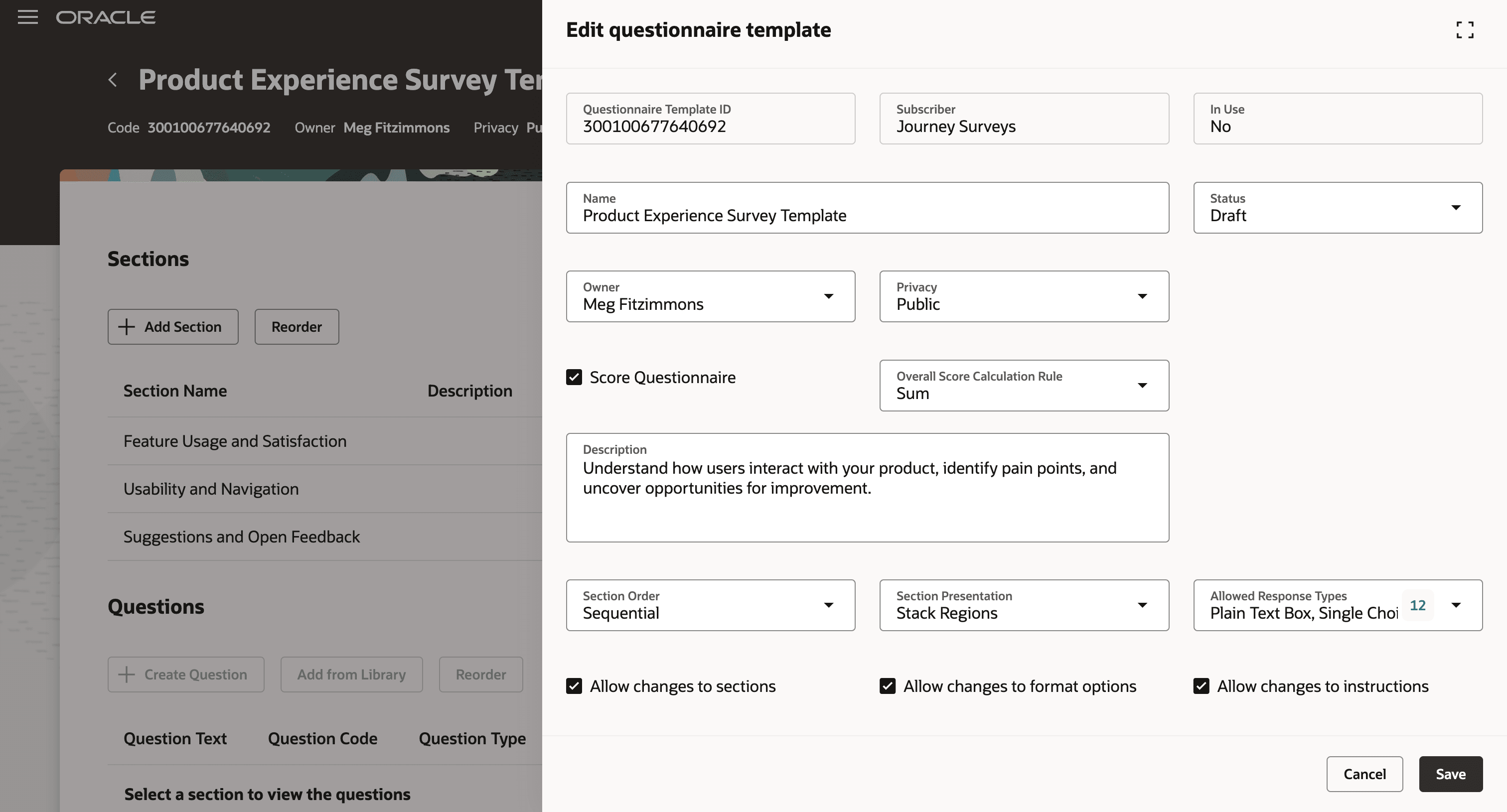 Screen capture of Edit questionnaire template page