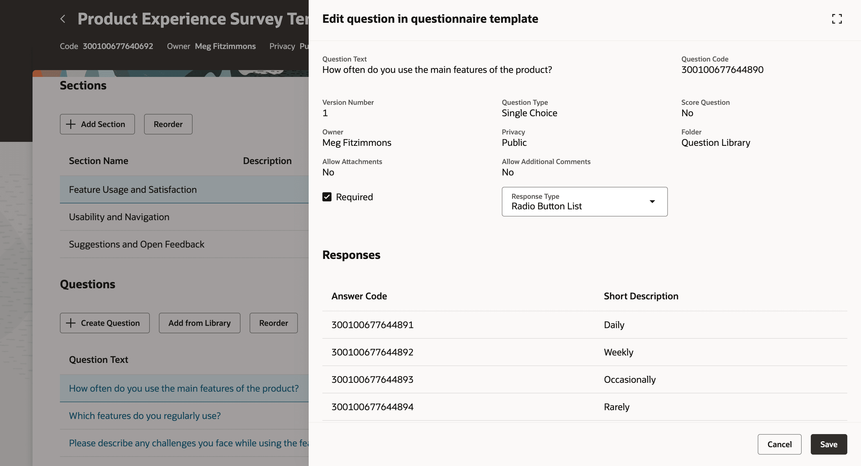 Screen capture of the Edit question in questionnaire template page
