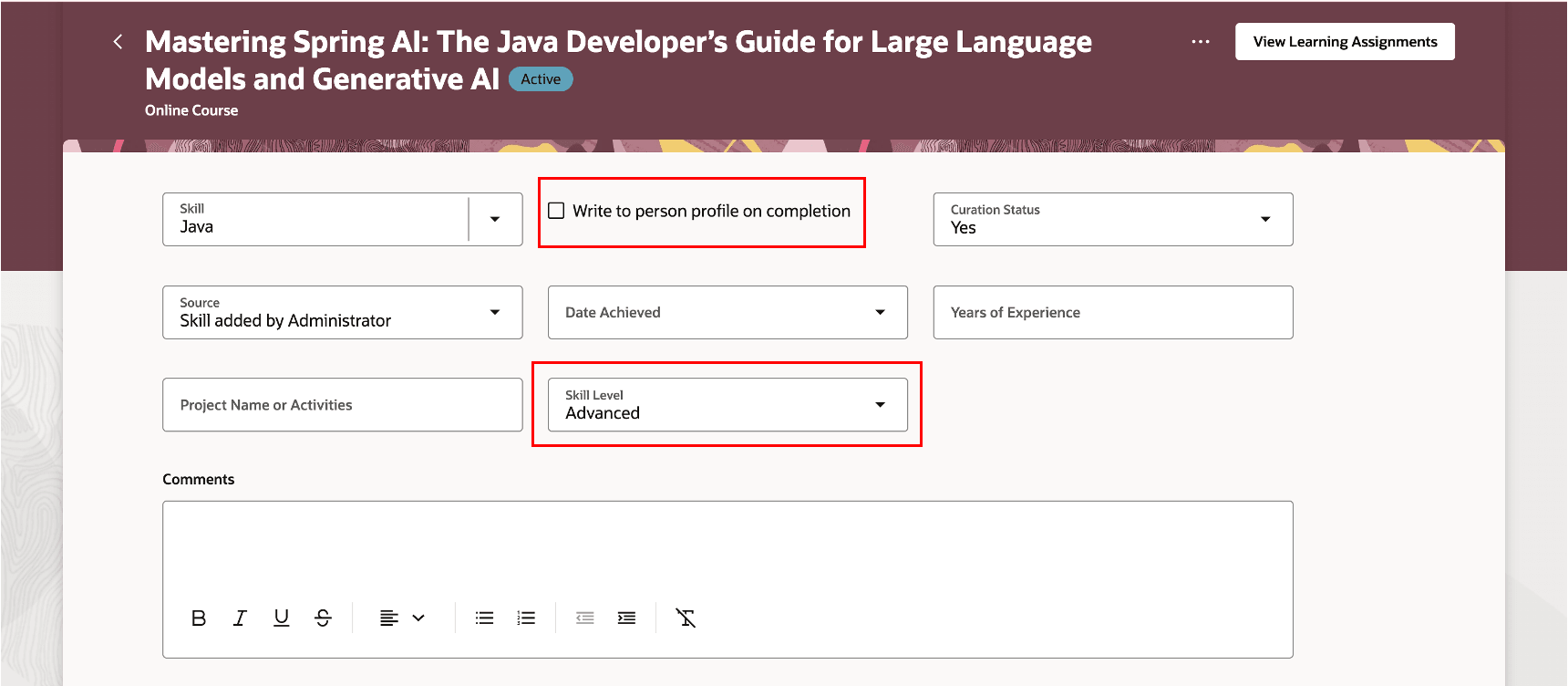Learning Page Where You Can Add a Skill Level to a Related Skill