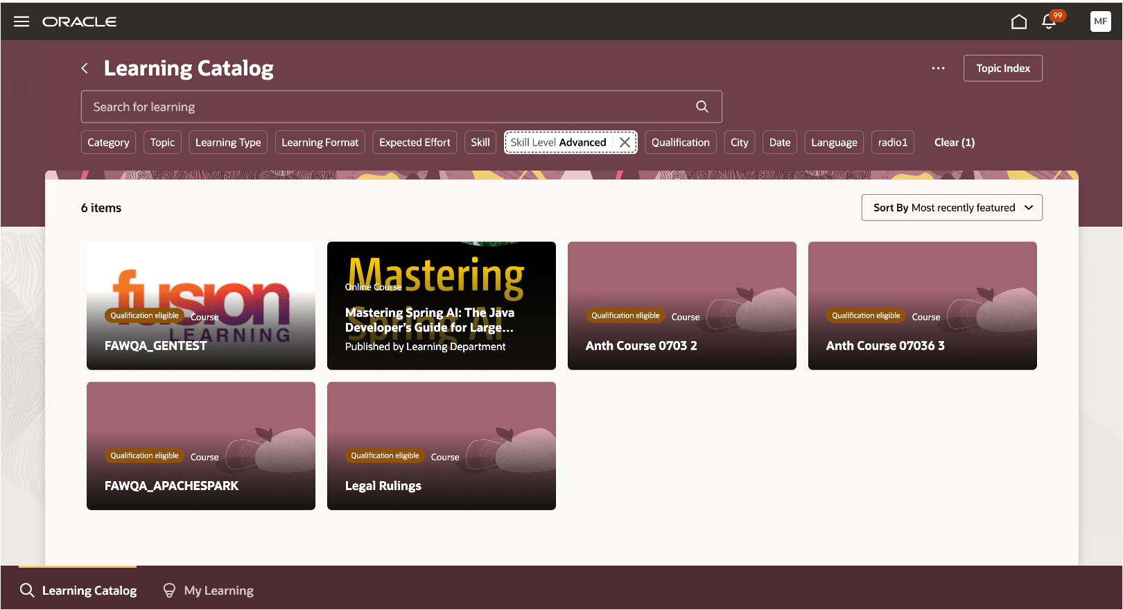 Learning Catalog Page Showing Learning Filtered by Skill Level on Related Skills