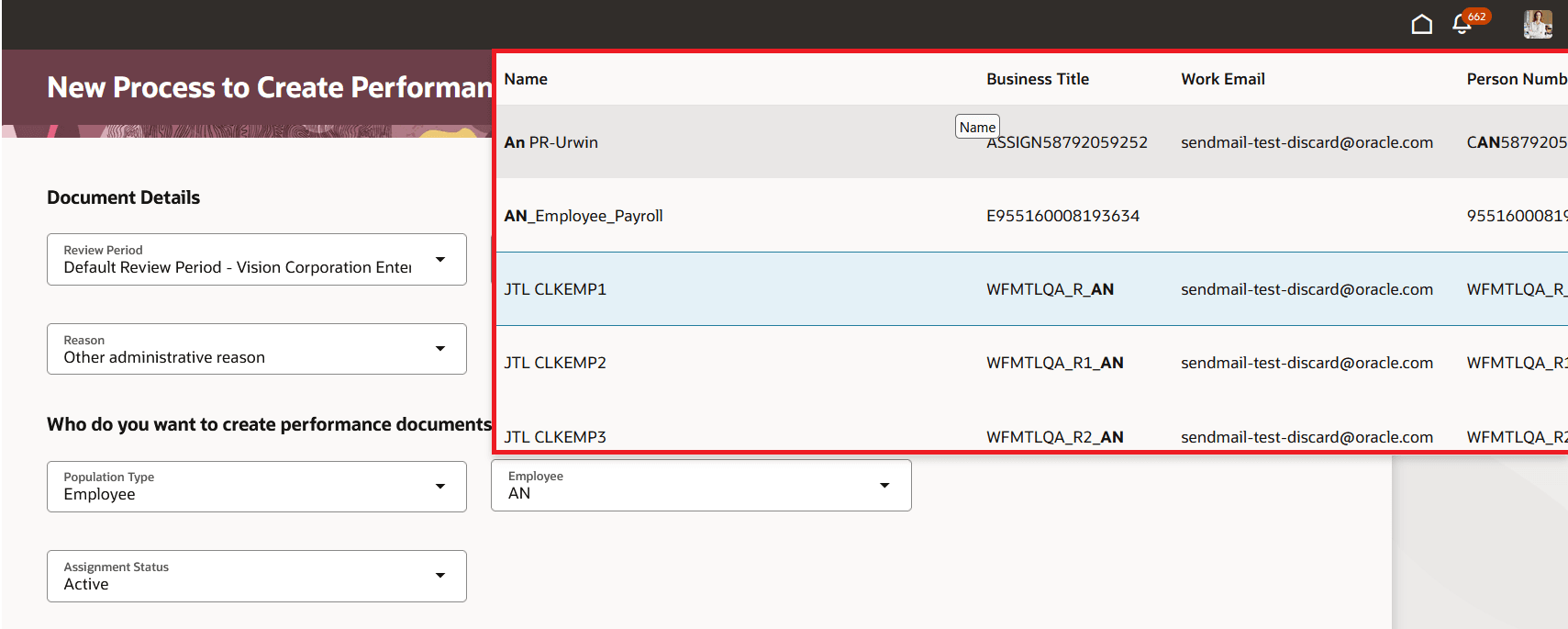 Screenshot that displays the Create Performance Mass Process page with the worker list of values highlighted.