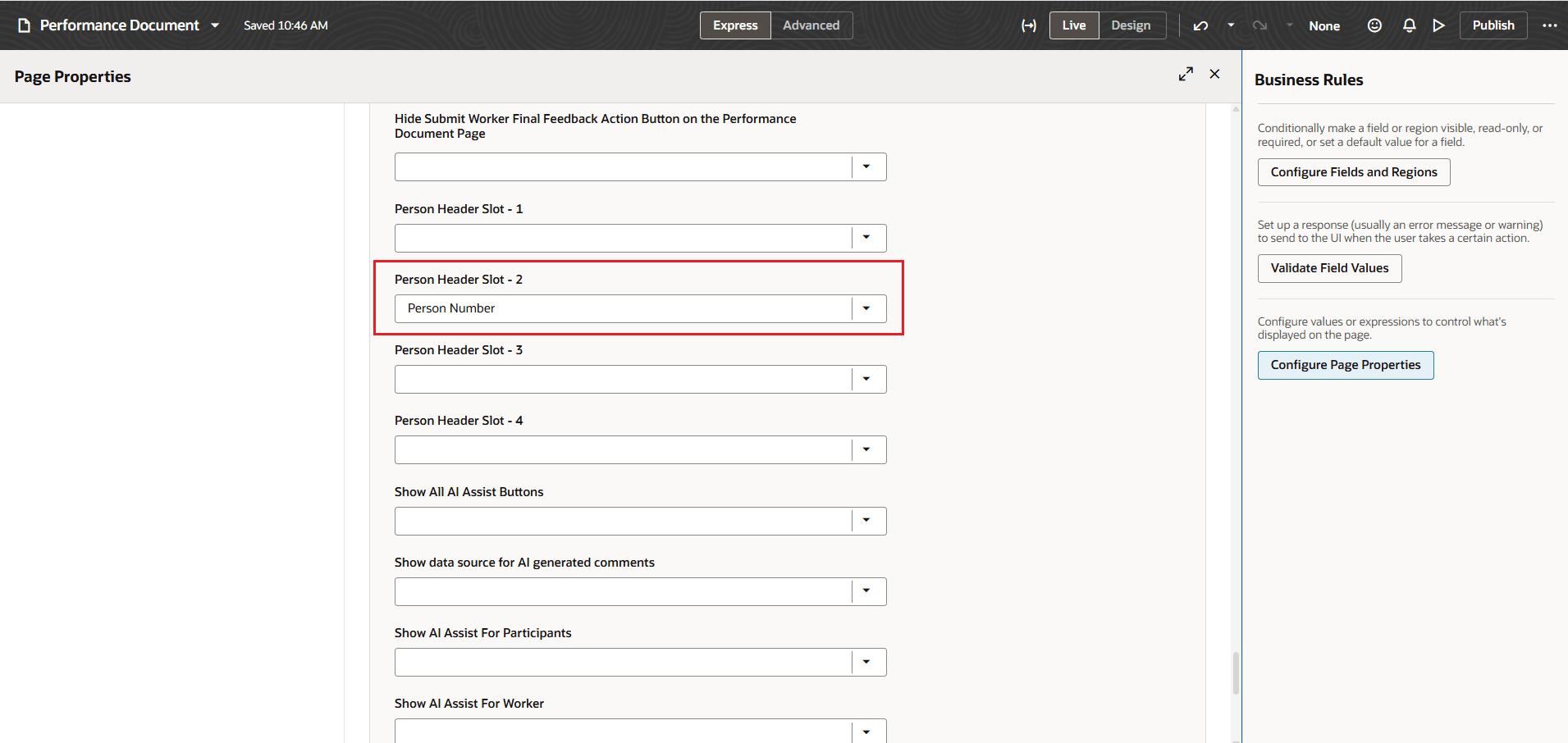 Screenshot that shows the page properties for person headers highlighted in the Performance Document page.