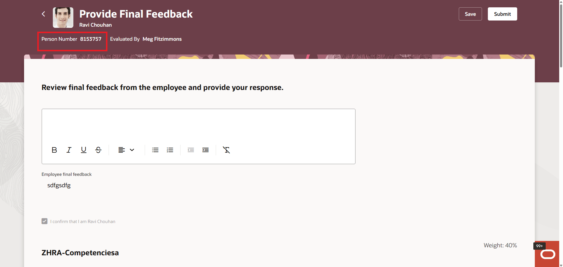 Screenshot that displays the results of configuring the person header information highlighted in a performance document page.