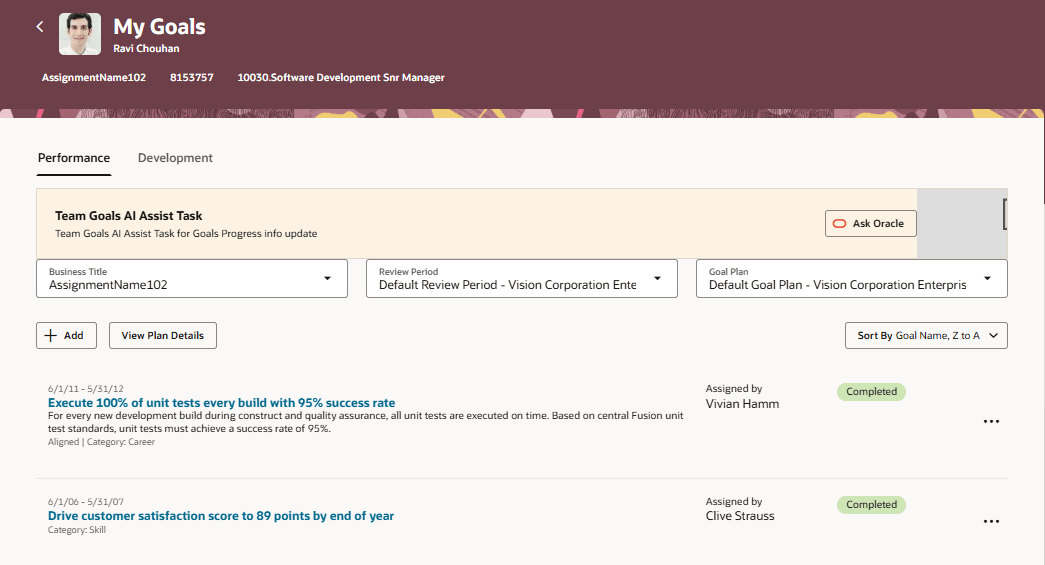 Screenshot that shows the results of configuring person header in the My Goals page.