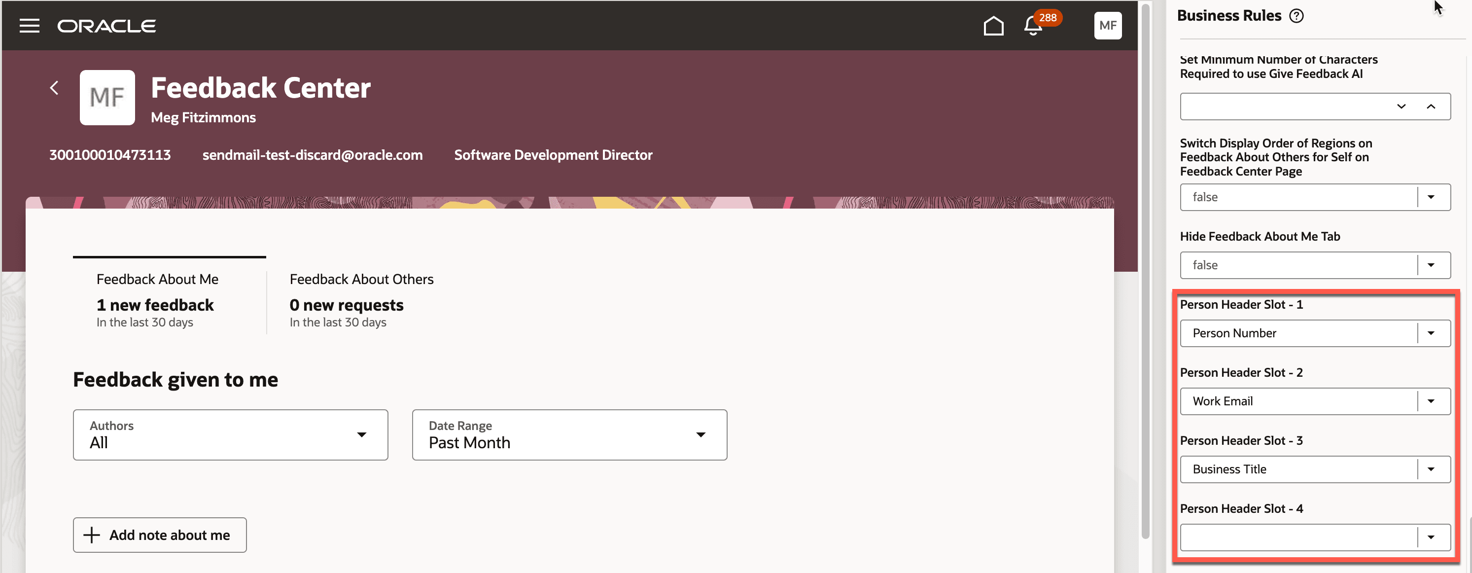 Screenshot that shows the header page properties highlighted in Feedback Center.