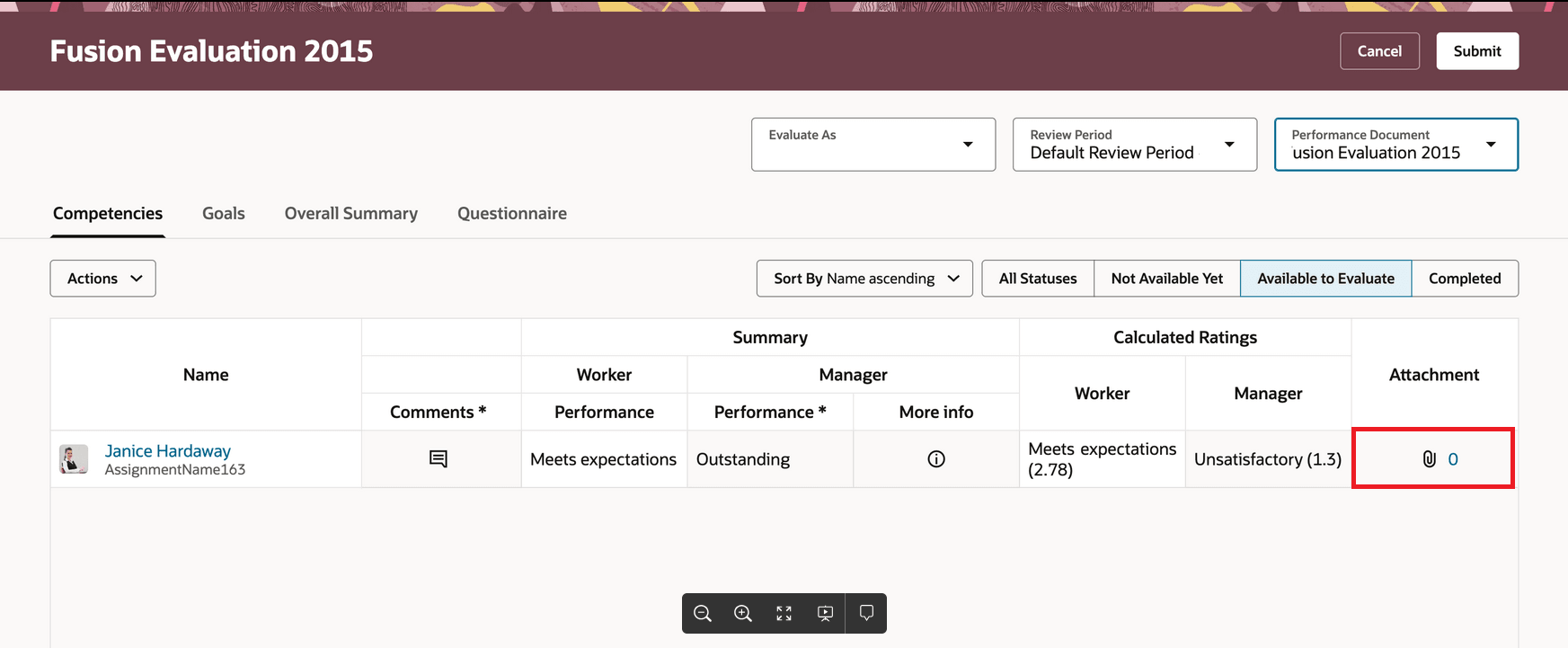 Screenshot that displays the attachments column highlighted in All-in-One Evaluations for an employee's performance document.