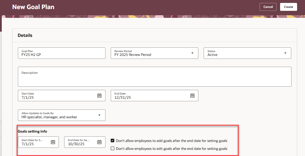 Goals setting info section of a goal plan