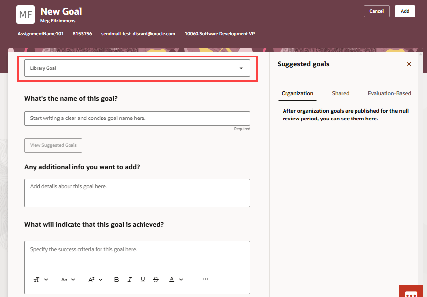 Library Goal List of Values on the New Goal page