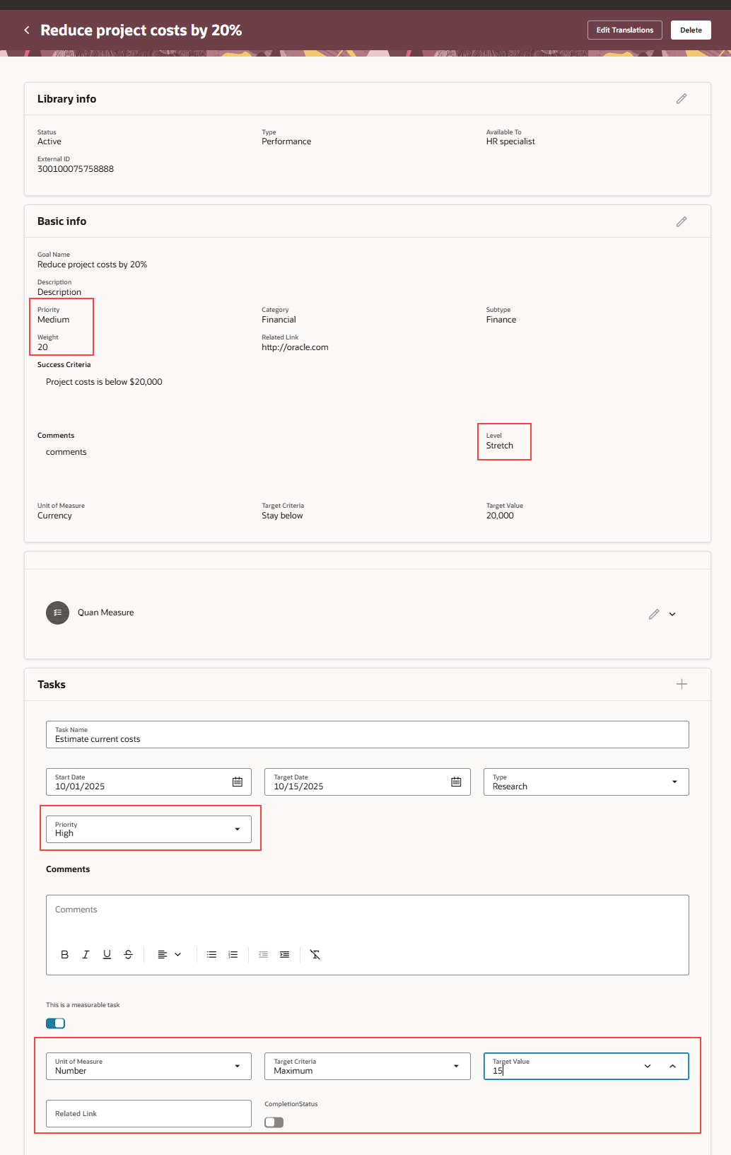 Performance library goal page with the additional configuration fields highlighted