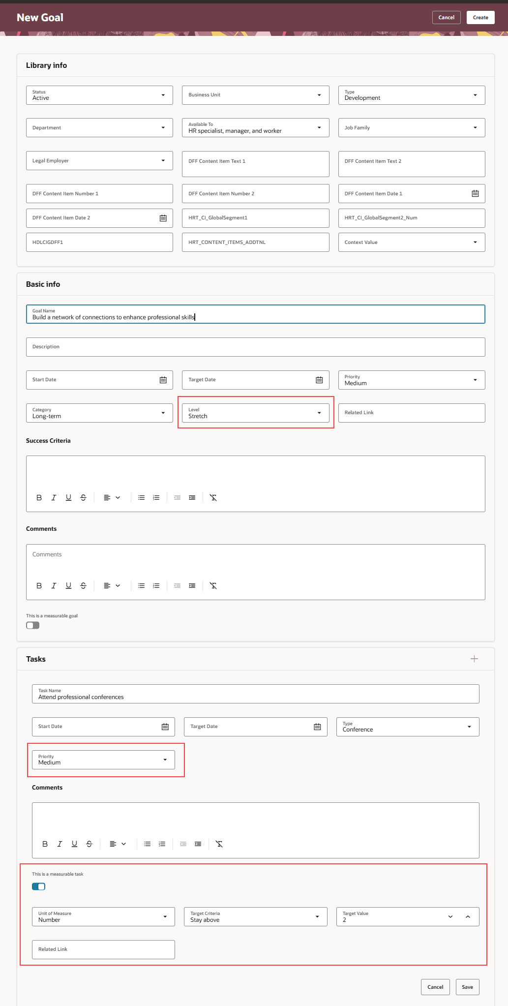 New development library goal page with the additional configuration fields highlighted