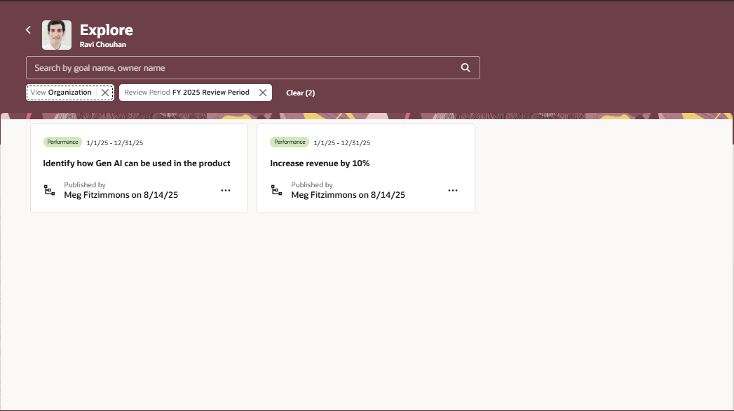 Explore tab showing organization goals