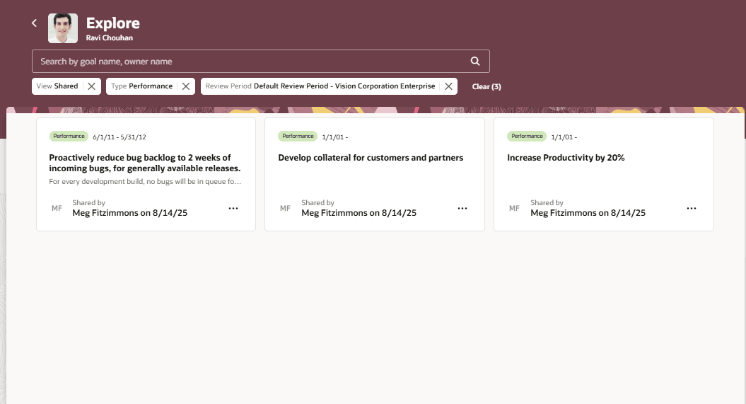 Explore tab showing shared performance goals