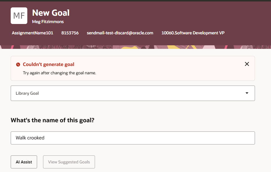 Error banner on New Goal page