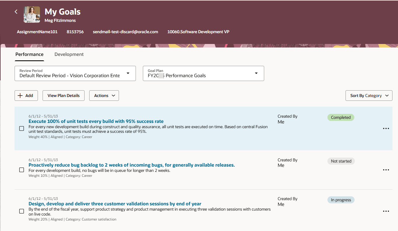 My Goals page showing goals sorted by their category