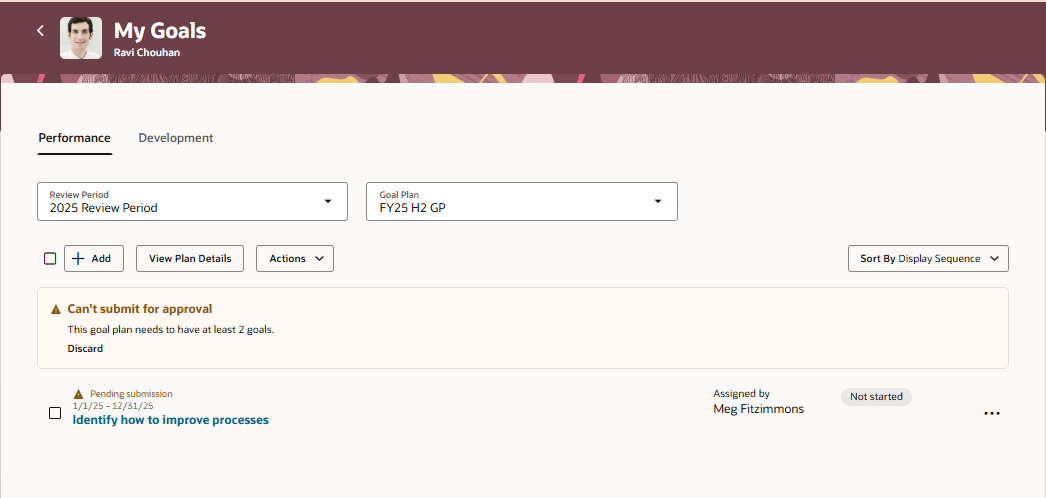 Performance tab of the My Goals page of employee with banner message that they can't submit the goal plan for approval