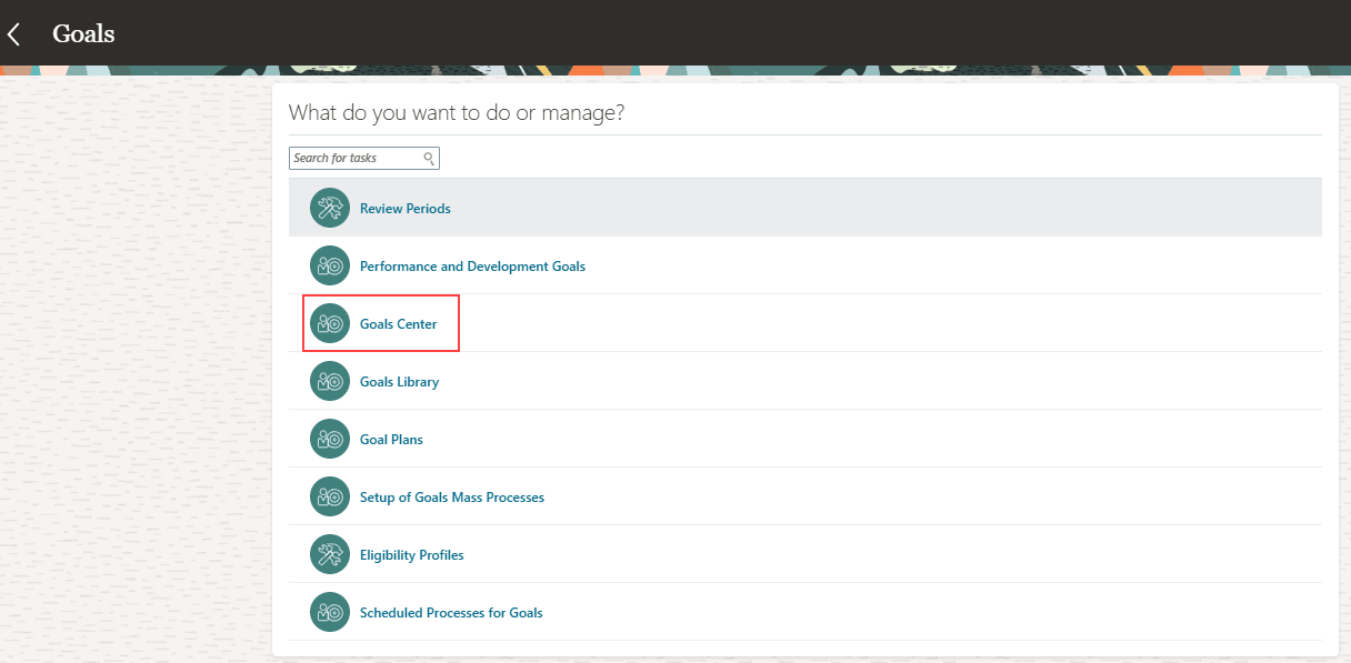 Goals Center Task highlighted on HR Specialist's Goals Page