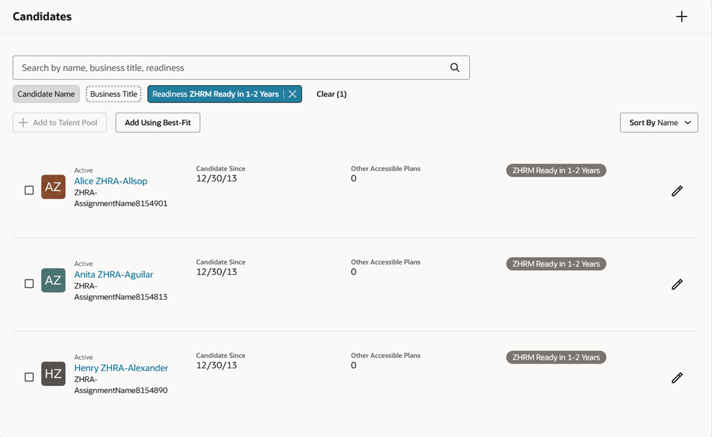 Candidate search filters in the Candidates section of a succession plan