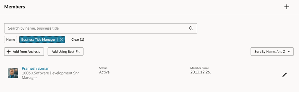 Members section of a talent pool with the search filters