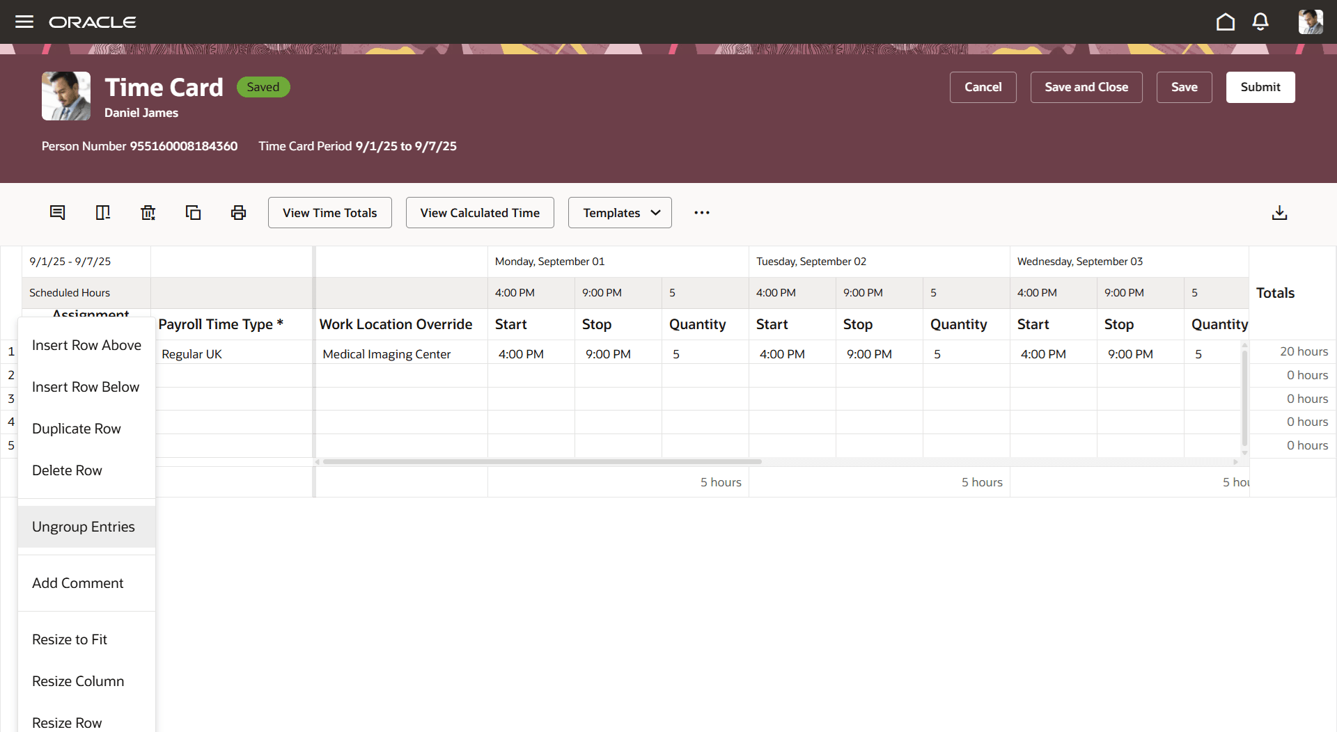 Ungroup Entries Action on the Redwood Time Card