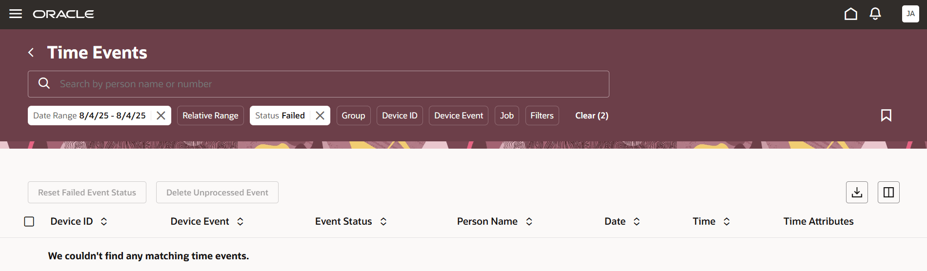 Default Filter Settings for the Redwood Time Events Page