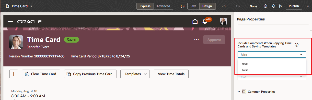 Visual Builder Studio Showing the Include Comments When Copying Time Cards and Saving Templates Page Property List Values