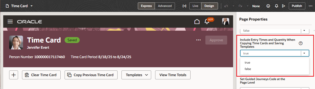 Visual Builder Studio Showing the Include Entry Times and Quantities When Copying Time Cards and Saving Templates Page Property List Values