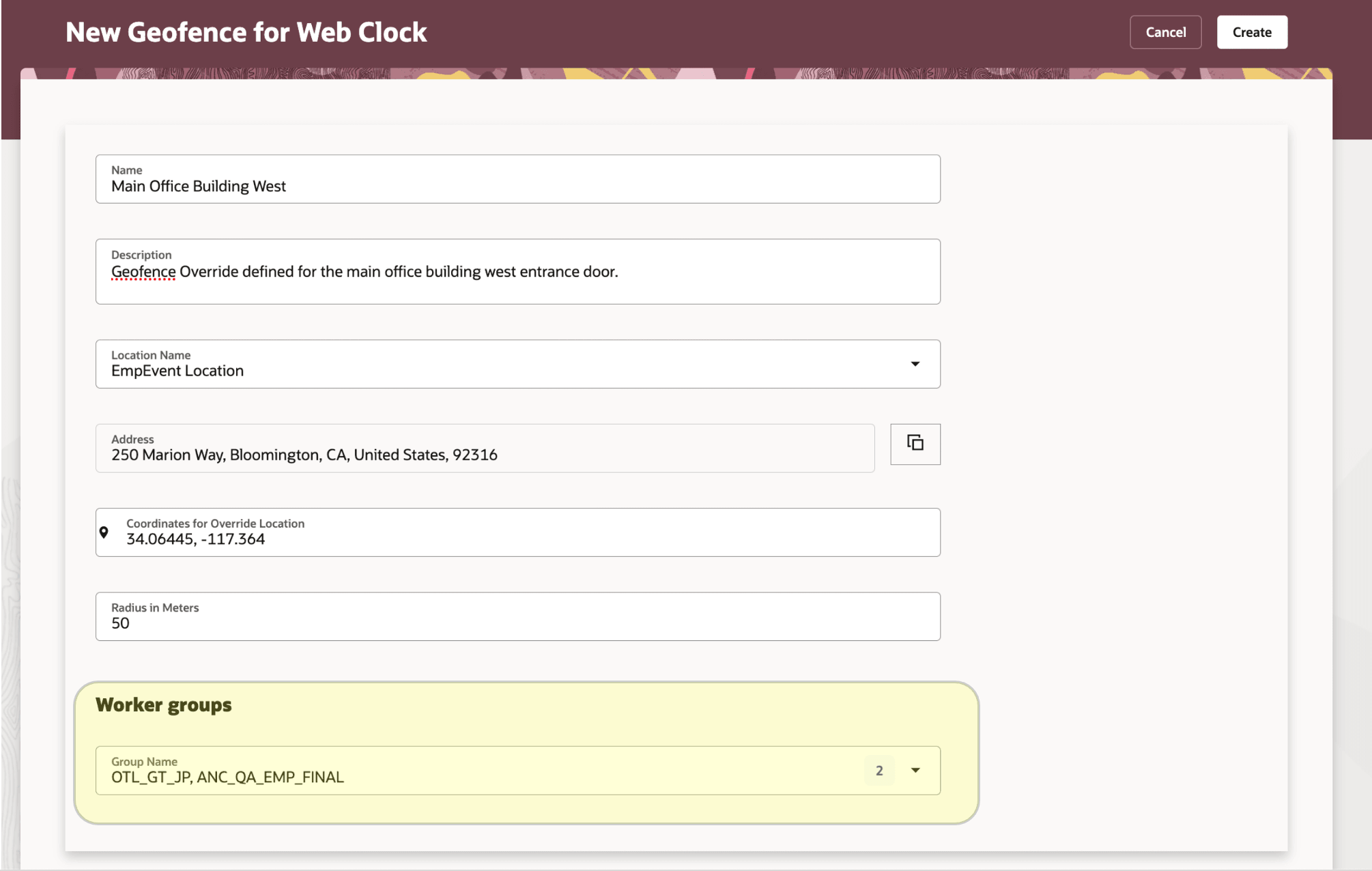 New Geofence for Web Clock Page Showing the New Worker Groups Section