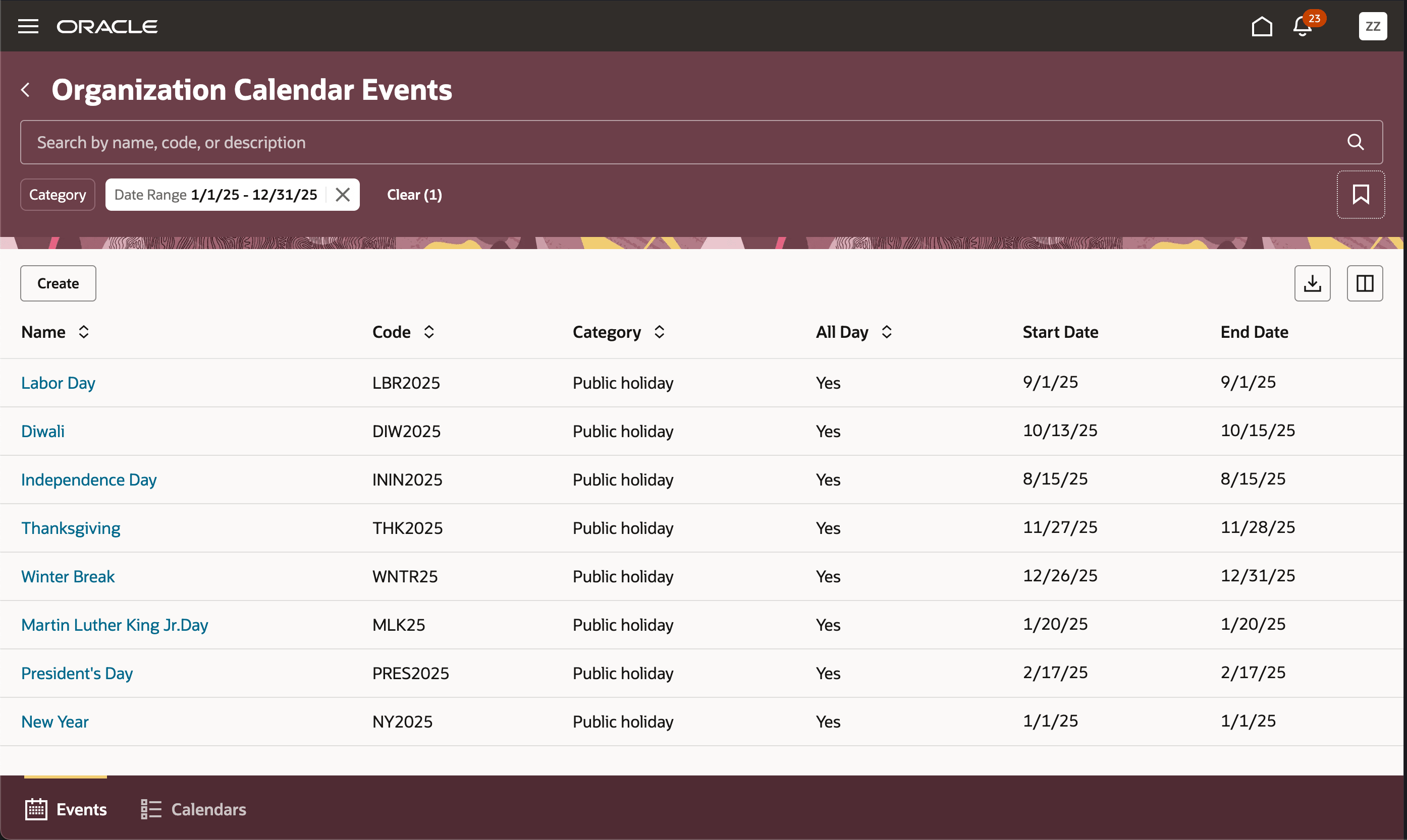 Organization Calendar Events Page
