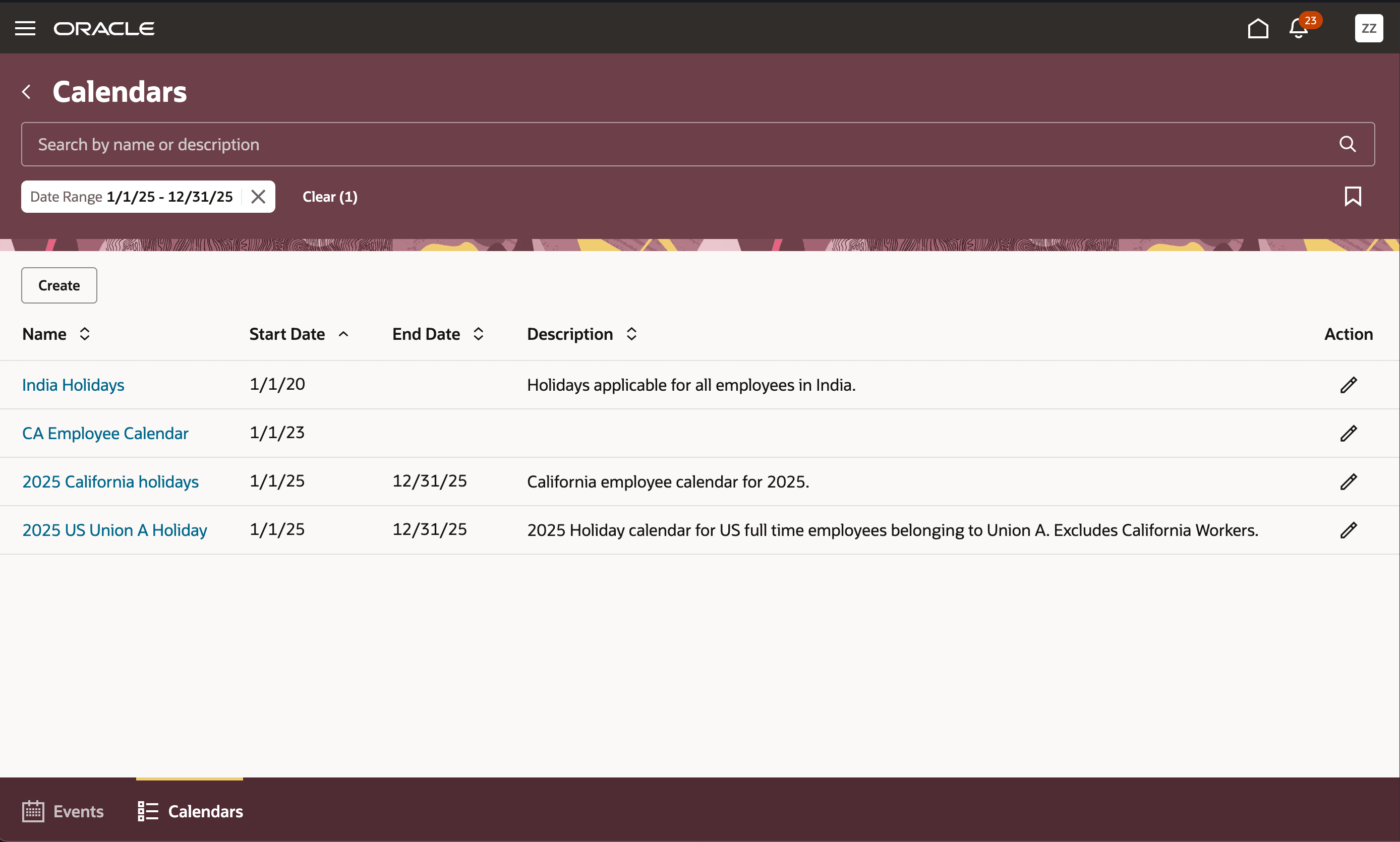  Calendars Page in the New Organization Calendar Events App