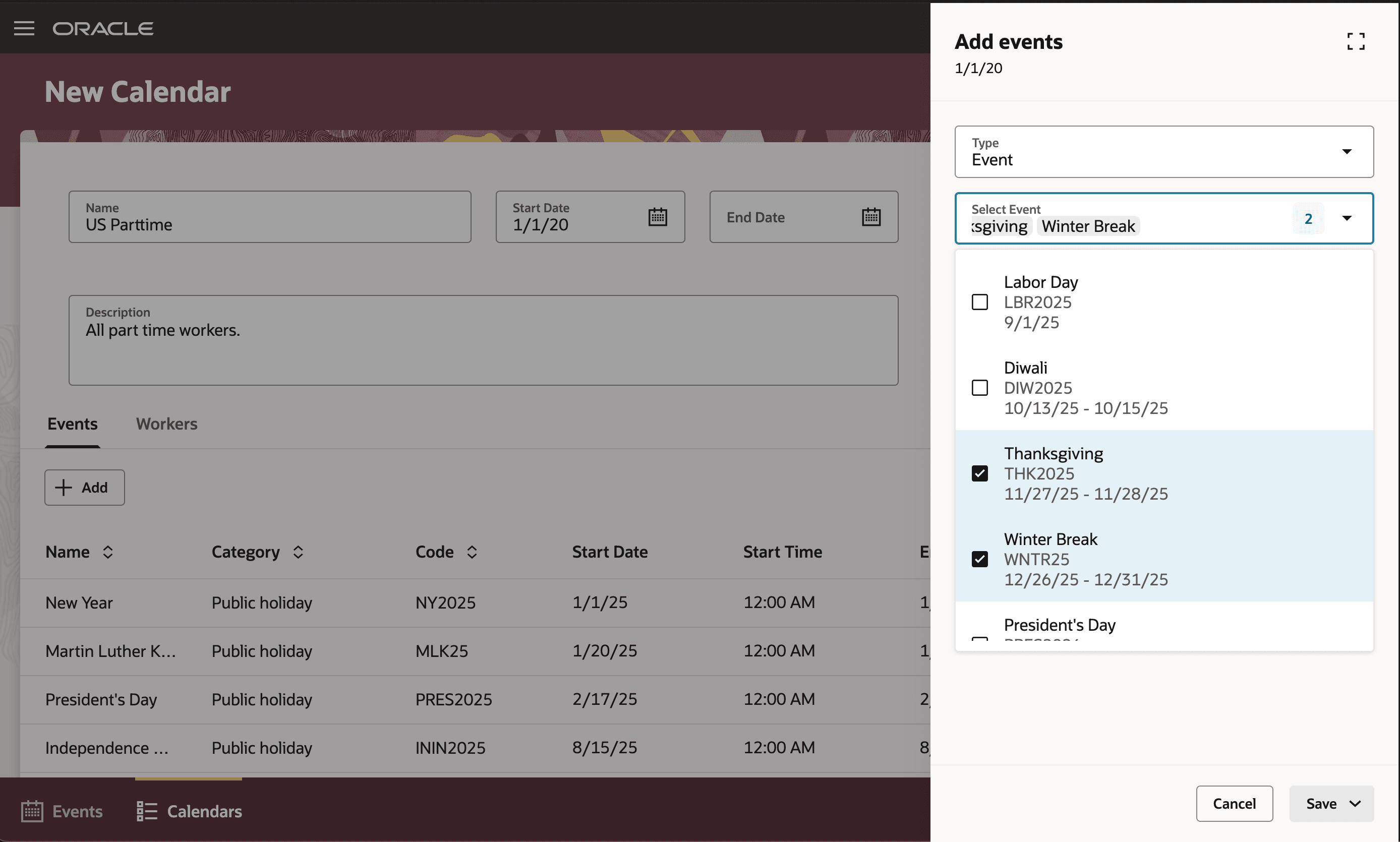 Add Events Drawer Opened from the New Calendar Page