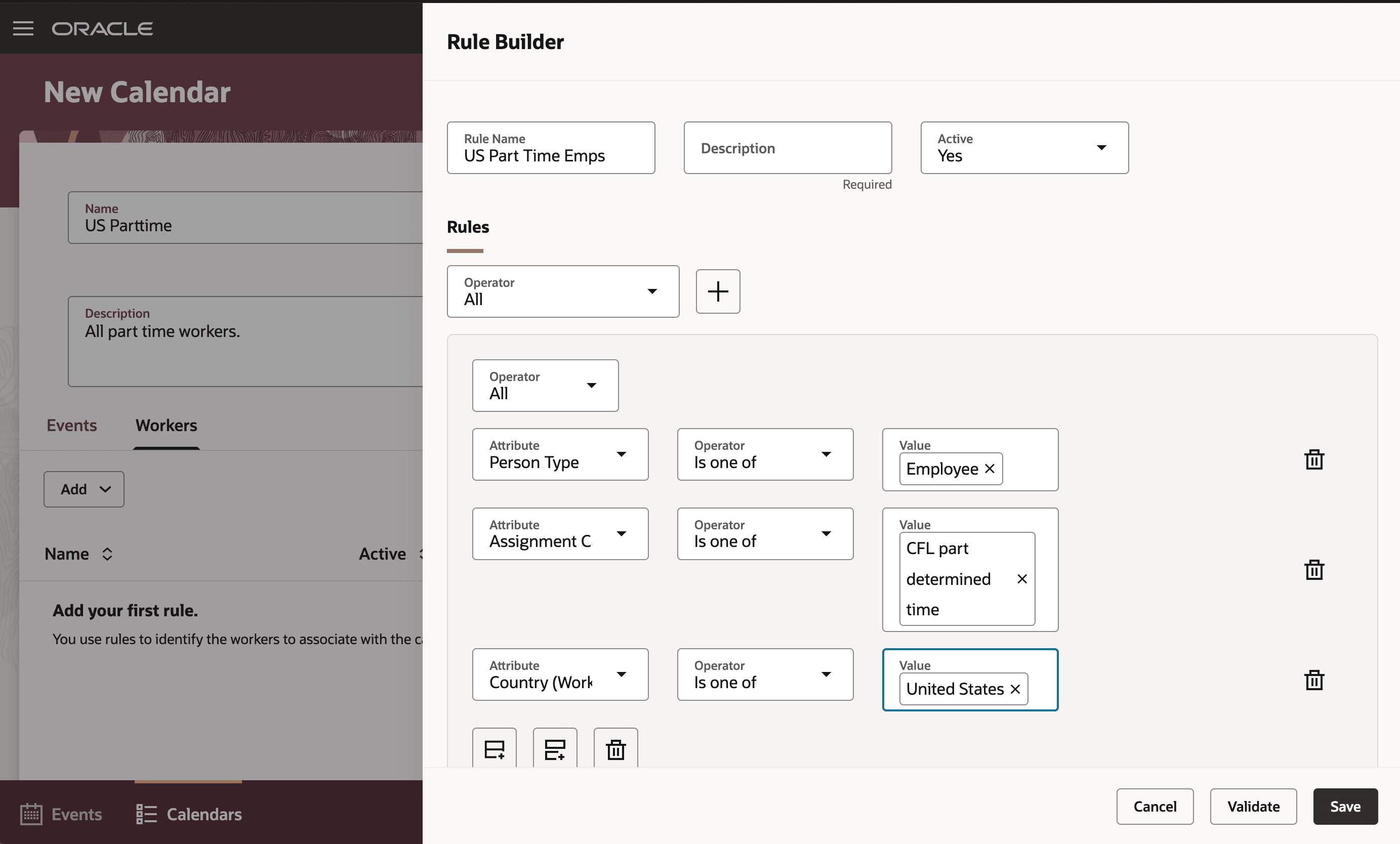 Rule Builder Drawer Opened from the New Calendar Page, Workers Tab