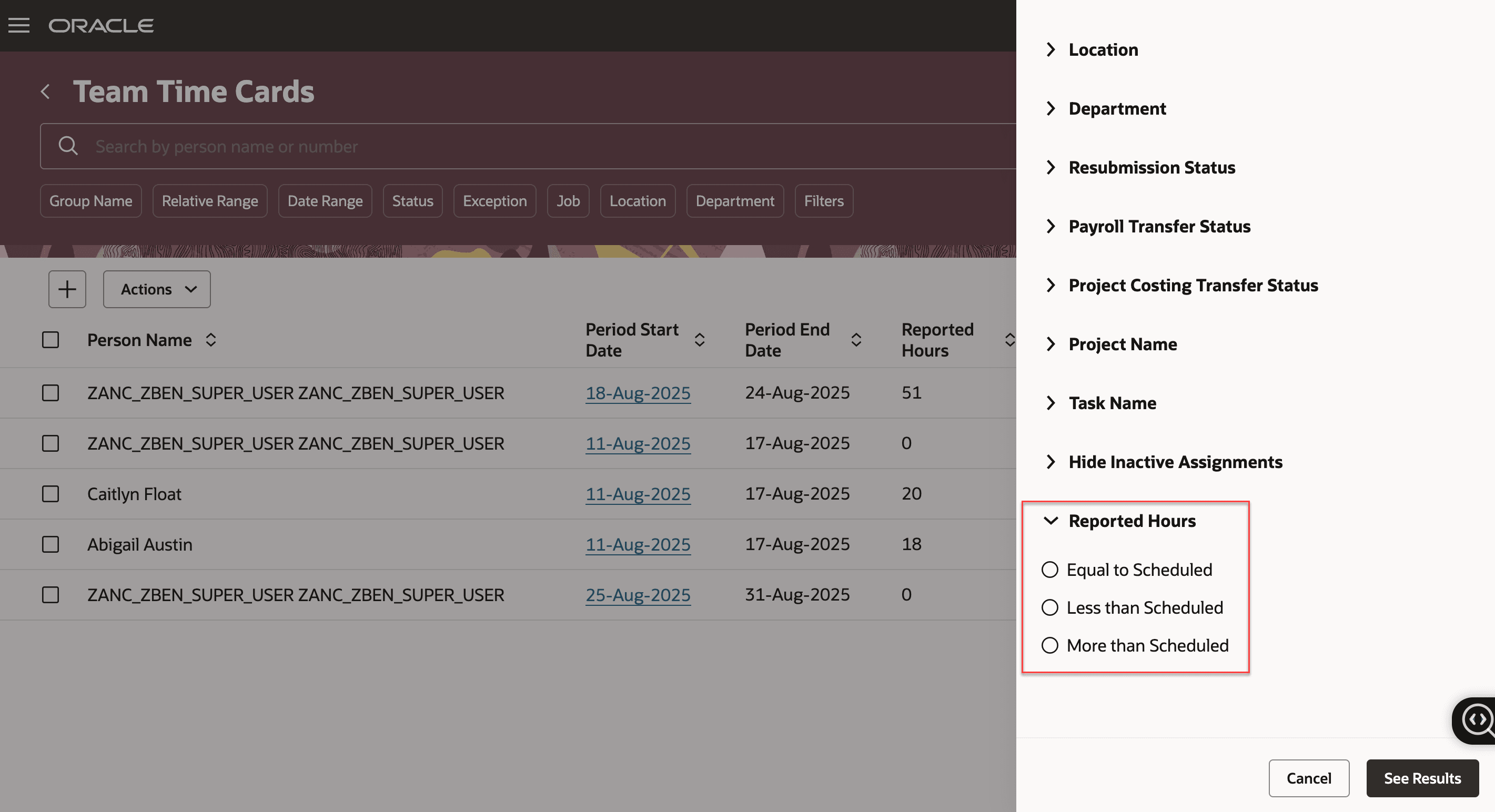 New Team Time Card Filter for Reported Hours