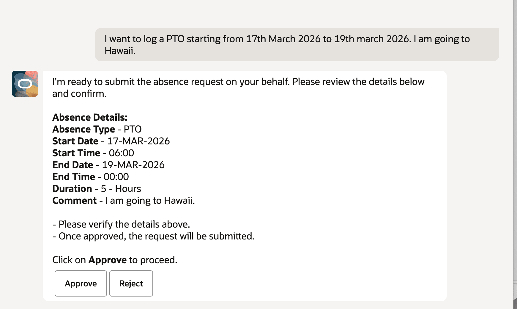 Screen grab of the Time-off Assistant logging a PTO