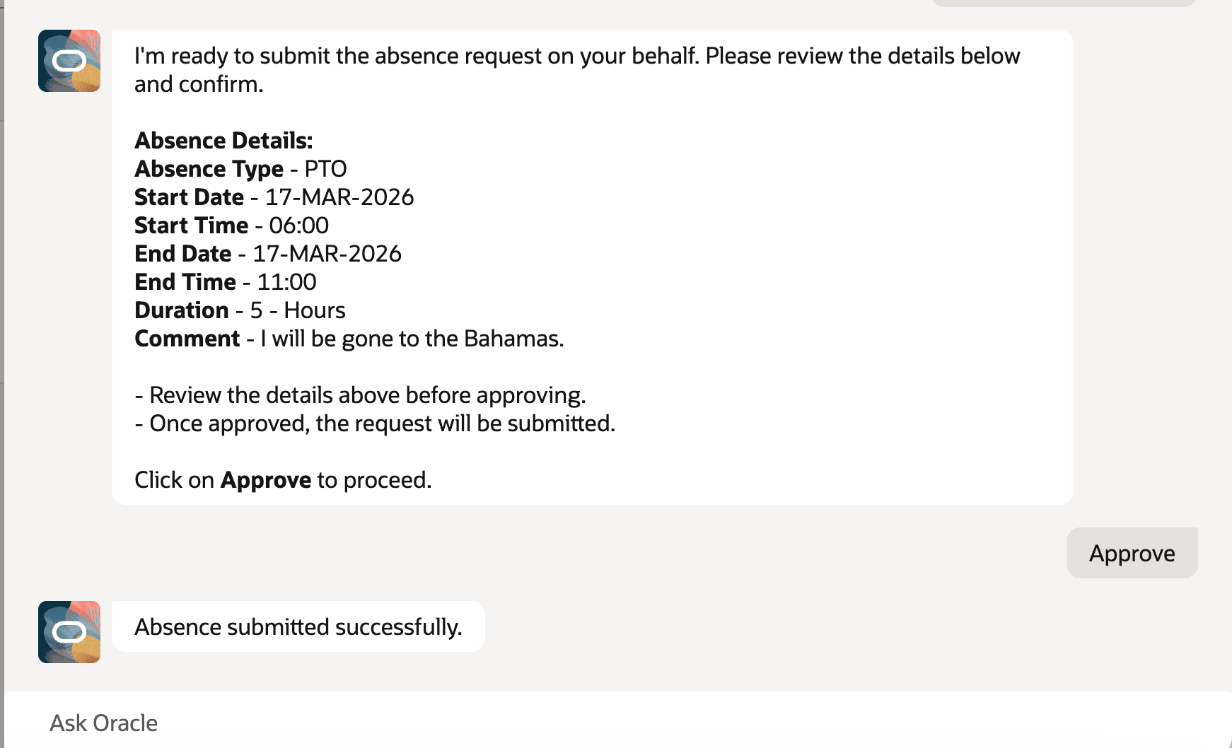 The Time-off Assistant submitting the request