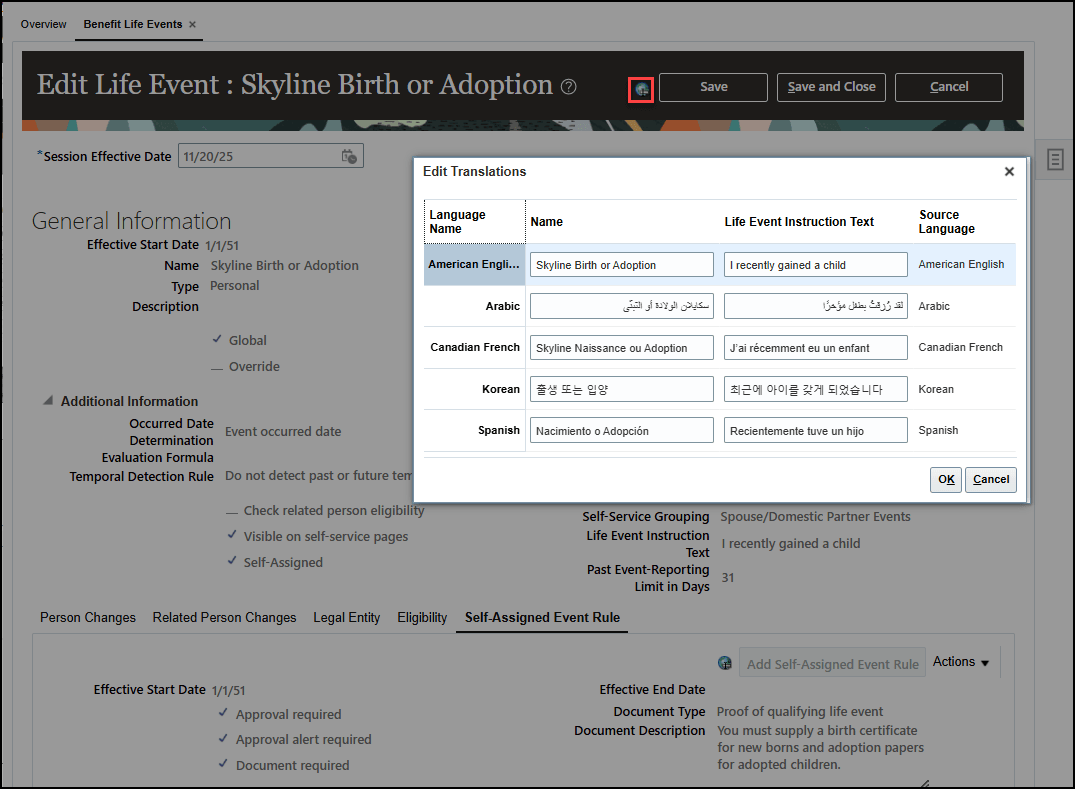 Benefit Life Events - Name and Instruction Text