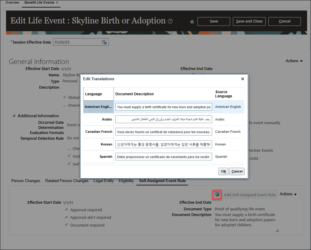 Benefits Life Event - Self-Assigned Event Rules Document Description