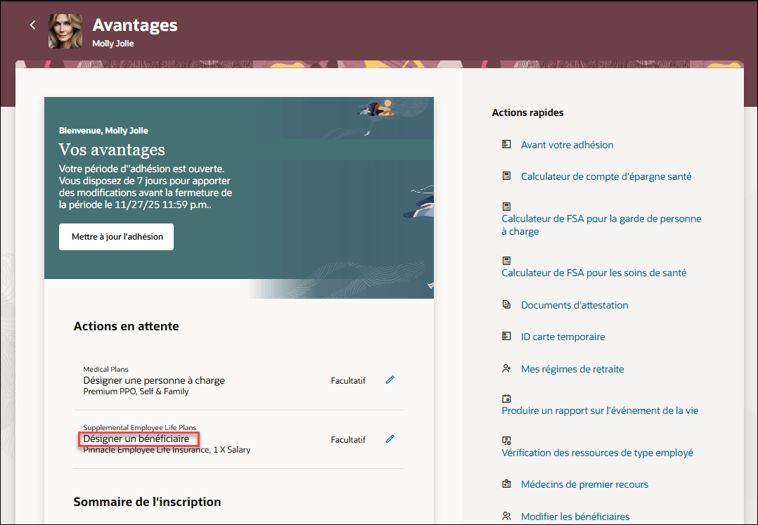 Self-Service Landing Page - Enrollment Action Items in French