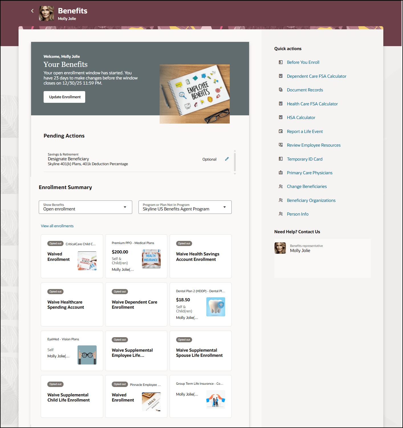 Enrollment Summary Cards on Redwood Self Service Landing Page
