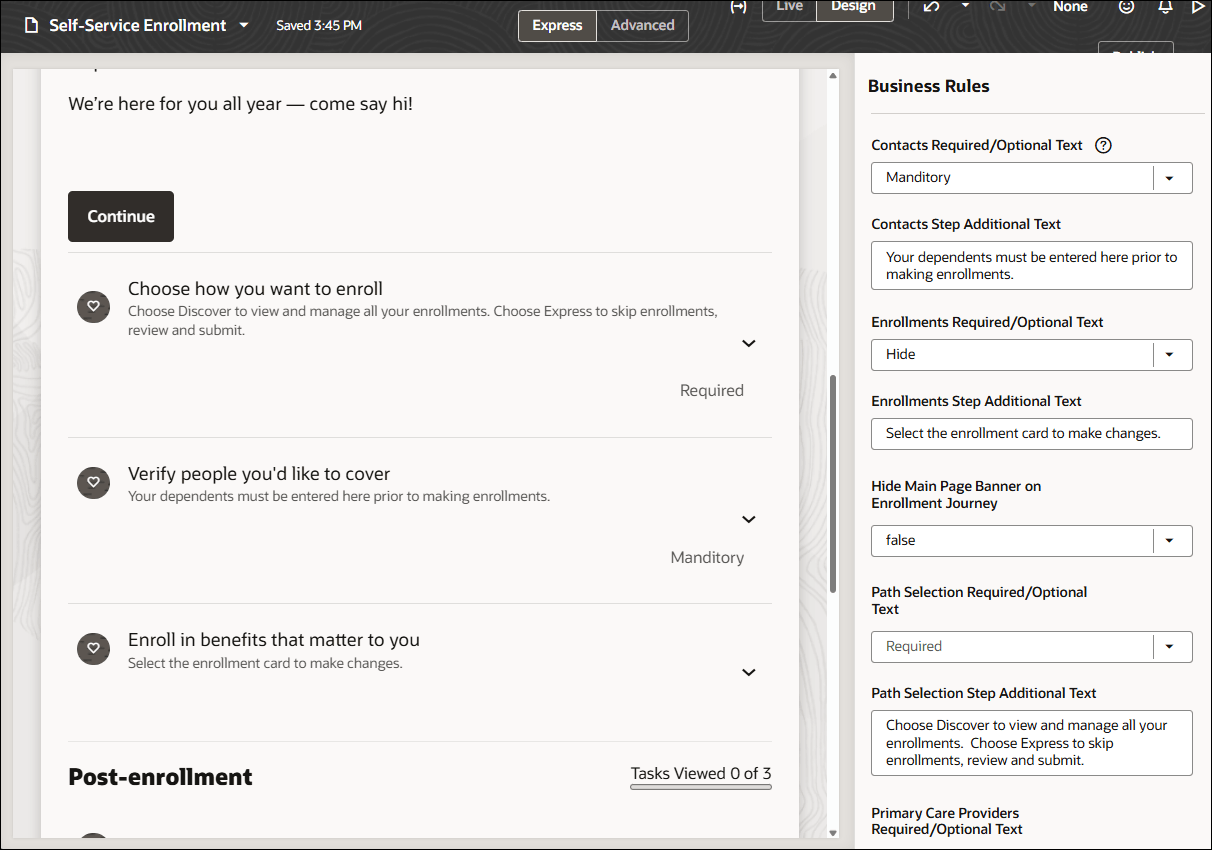 Visual Builder Studio Self-Service Enrollment Journey Setup Page