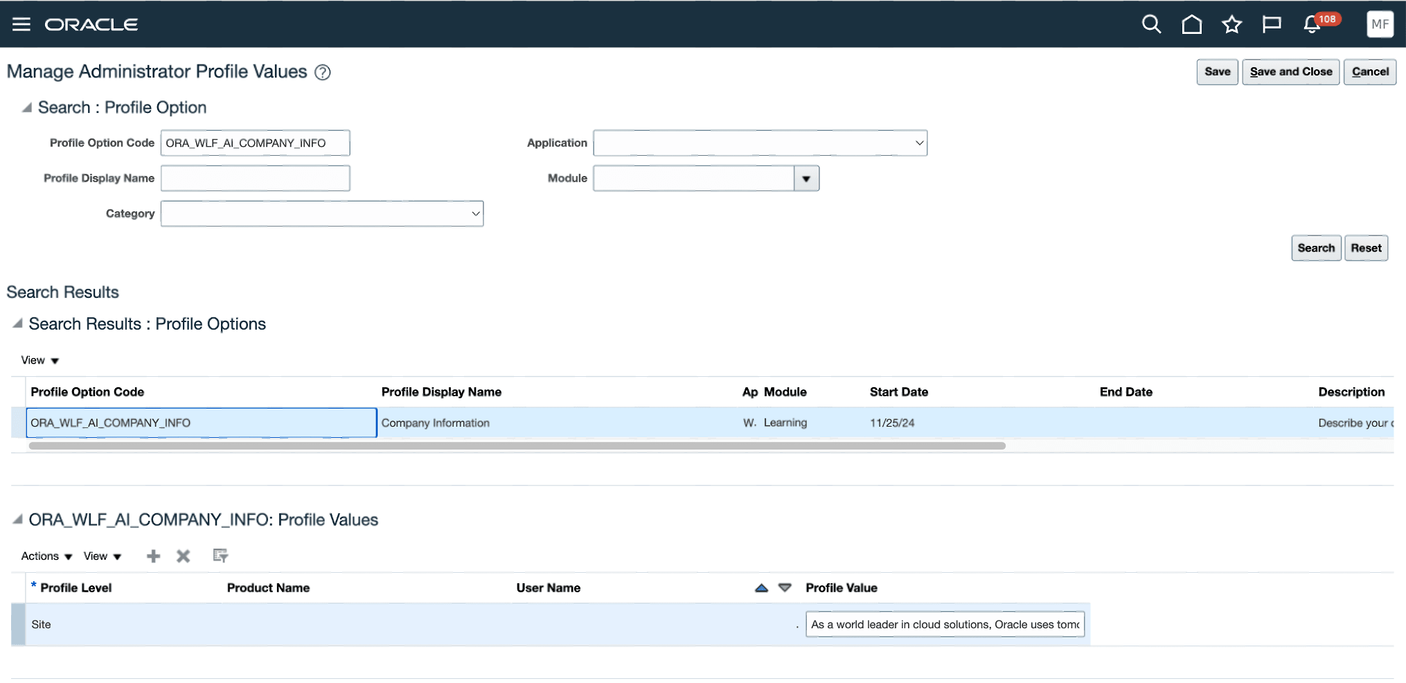 Manage Administrator Profile Values page