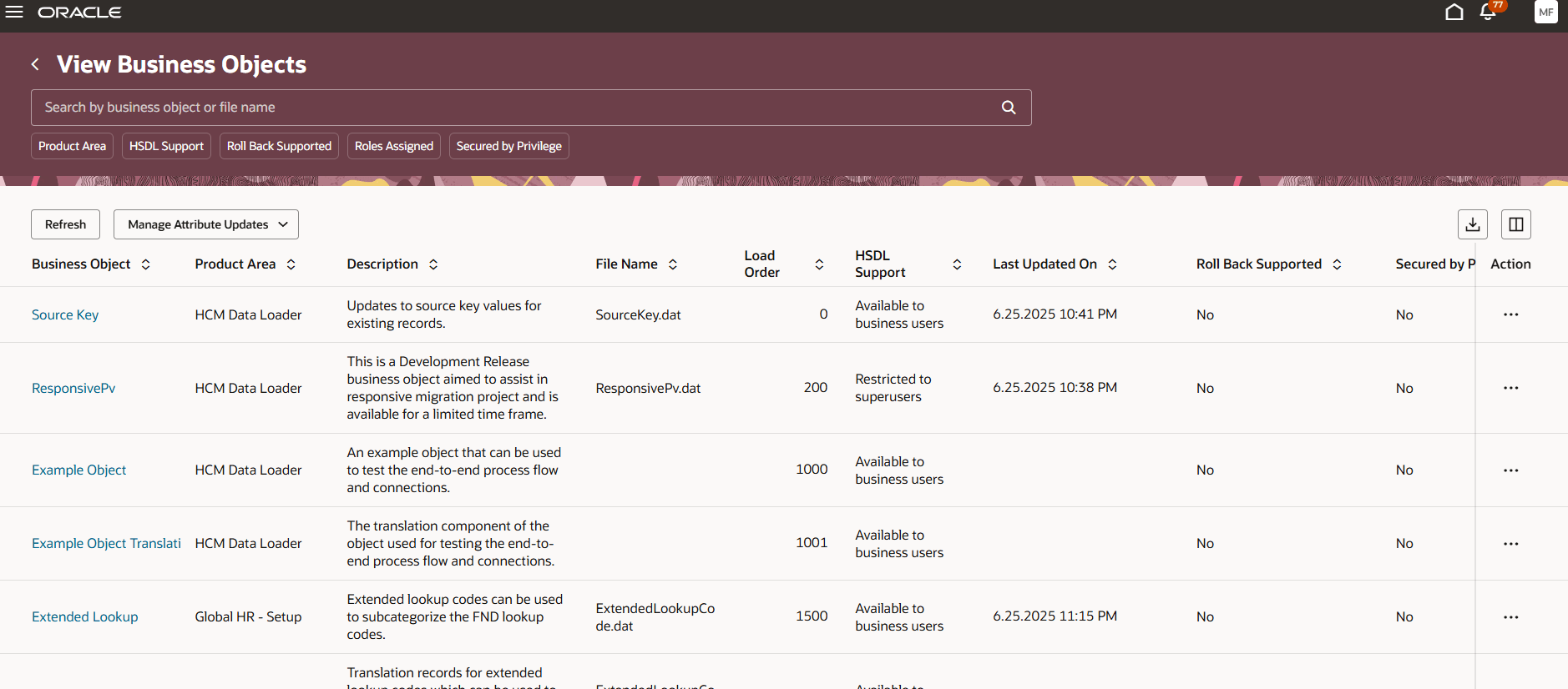 View Business Objects page