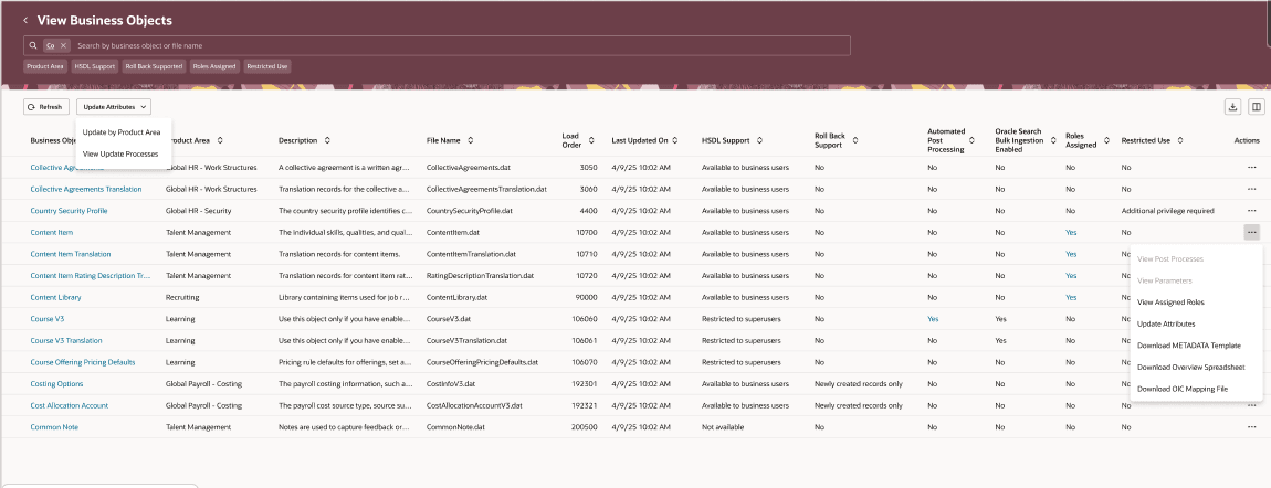 View Business Objects menu actions