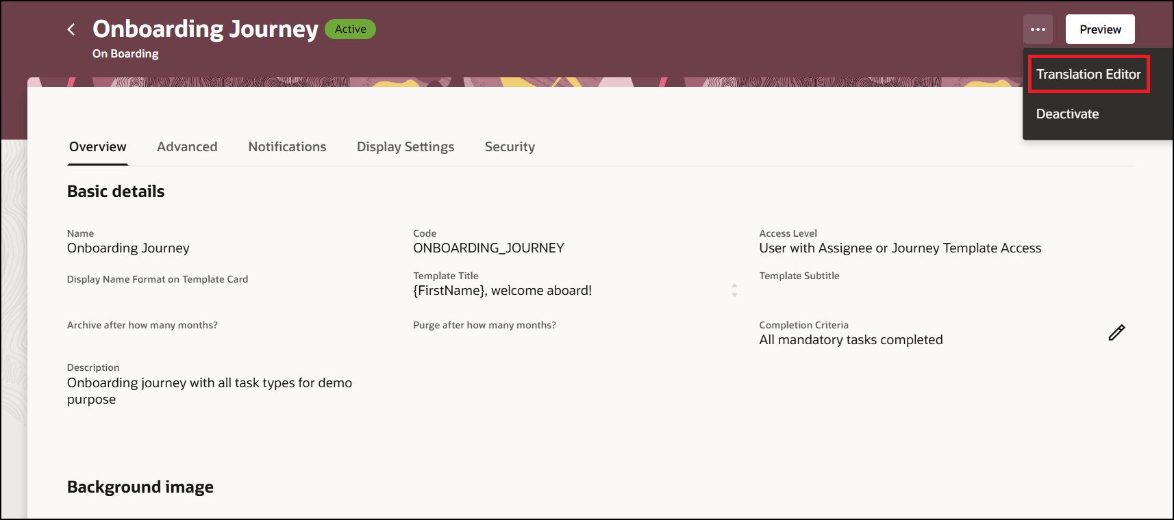 Translation Editor on Journey Template Page