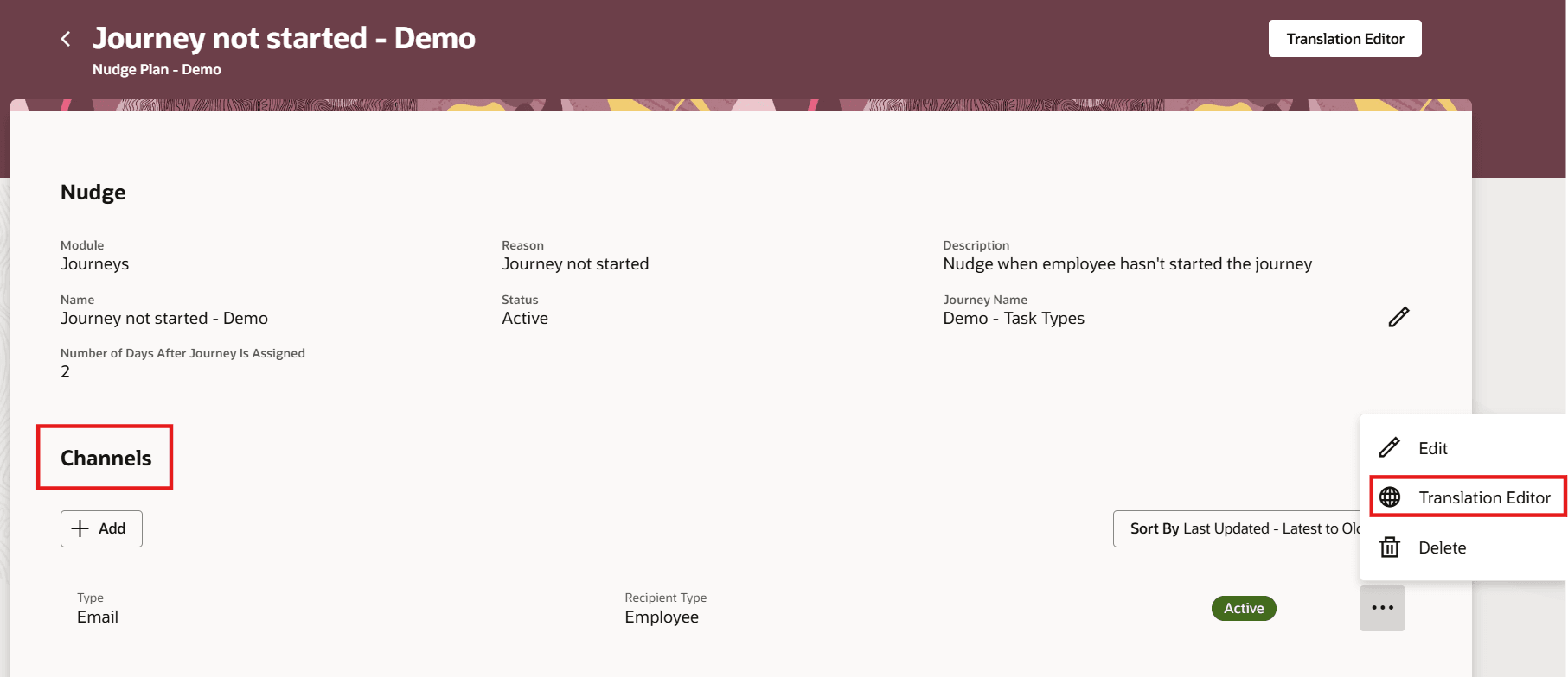 Translation Editor for User Defined Content Email Nudge Channel