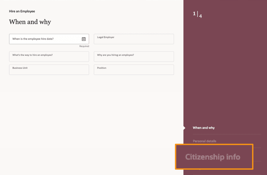  Hire an Employee process displays Citizenship Info section that's optional when Info to Include is hidden