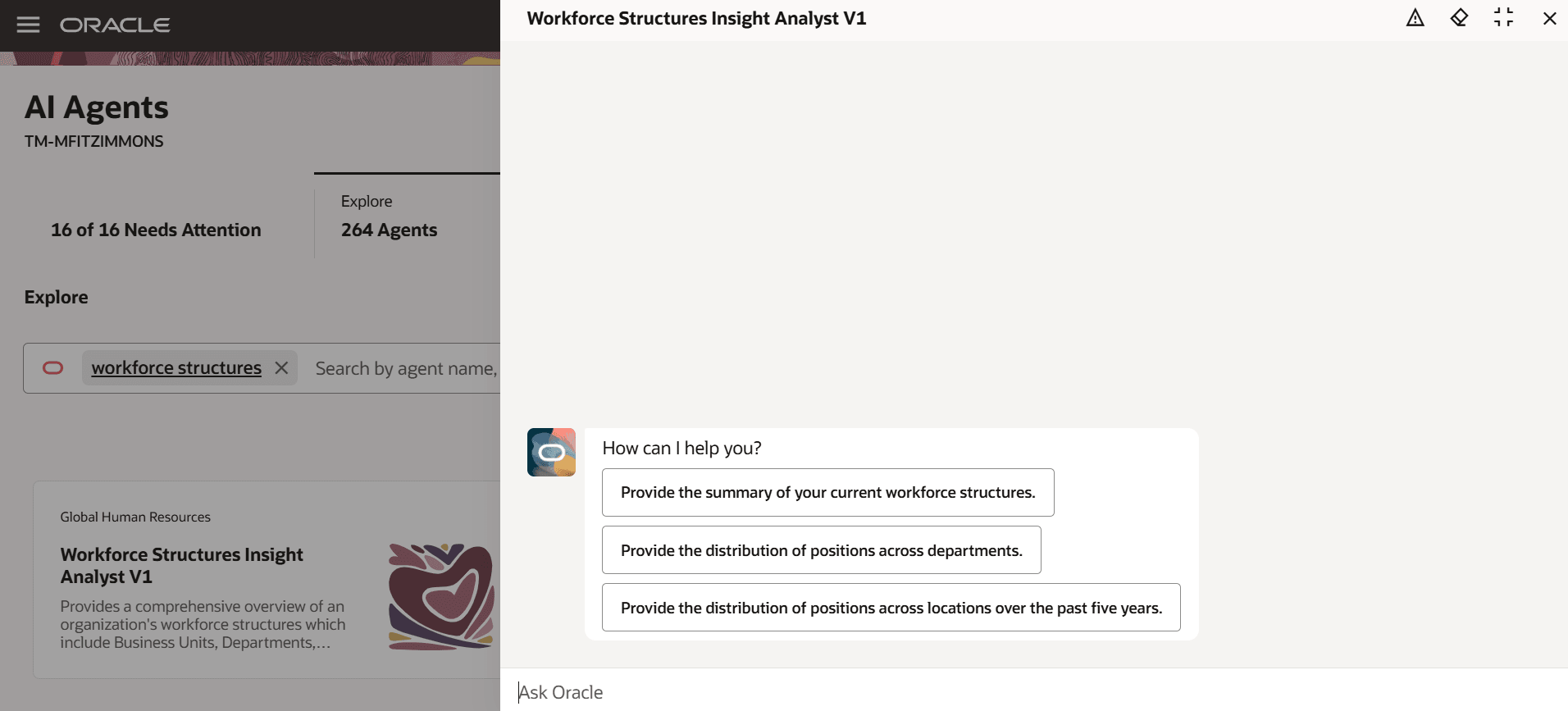 Workforce Structures Insight Analyst AI Agent showing the starter questions