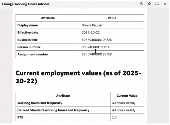 Displays employee details with current working hours and FTE
