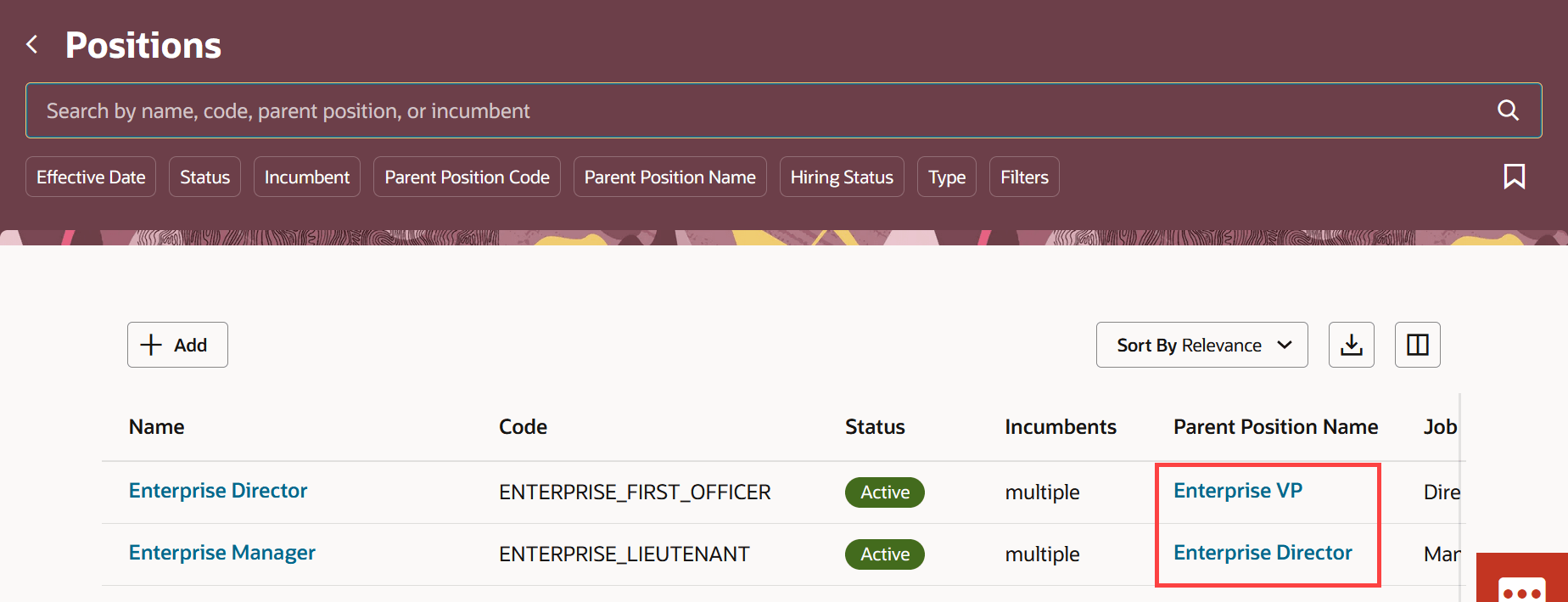 Parent position is displayed as a link in&nbsp;Redwood positions search results