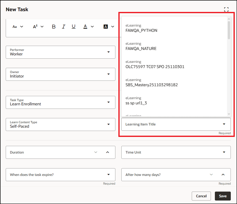Learning Item Titles Automatically Populated for Self-Paced